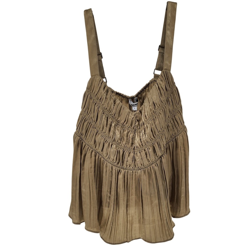 DKNY Pale Moss Pleated Smocked Camisole Top Metallic Green P5DASB52 Womens M NEW